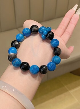 暗黑朋克风蓝黑色多宝手串银曜石男女情侣款甜酷首饰天然水晶手链