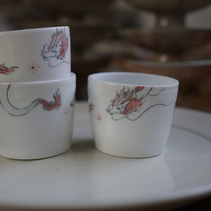 钟友健手作玉泥系列釉下彩手绘小茶杯碗手握杯龙纹景德镇市中式