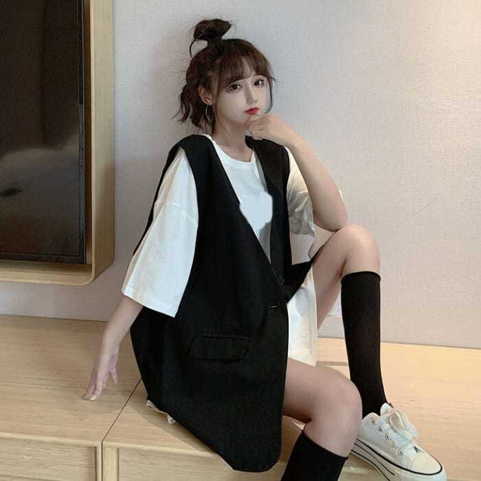 大码女装300斤休闲宽松套装女夏季新款胖mm中长款t恤西装马甲外套