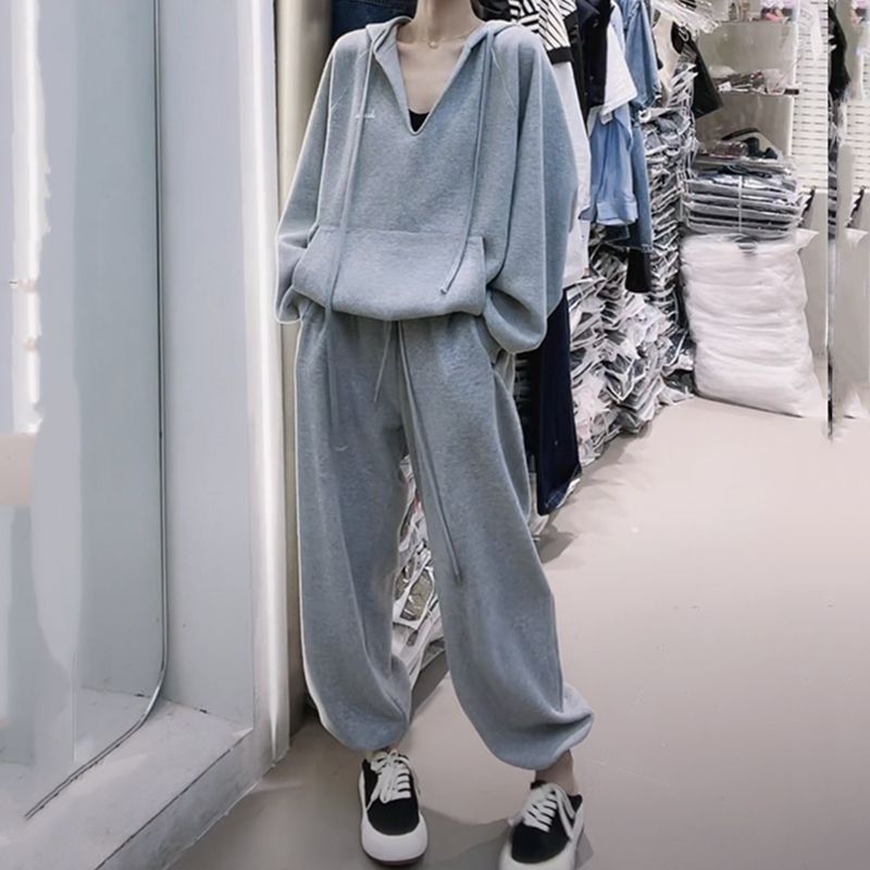特大码300斤休闲连帽卫衣套装春秋款女胖MM宽松束脚运动裤两件套