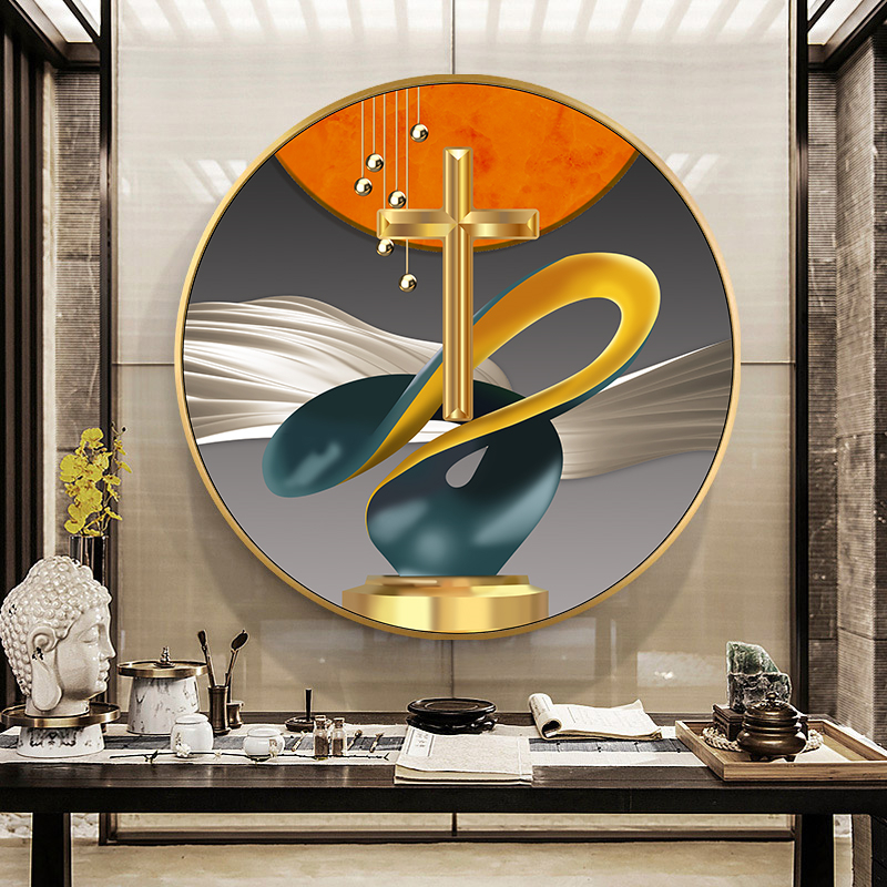 现代简约客厅十字架挂画北欧轻奢晶瓷装饰画卧室餐厅圆形抽象壁画图片