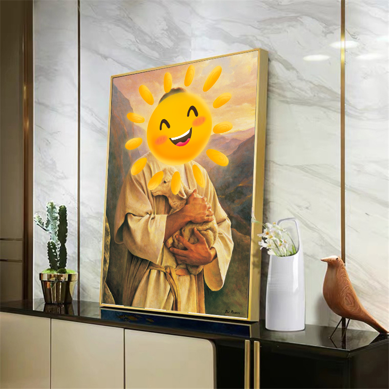 现代简约客厅装饰画抱羊人物挂画教堂奉献背景墙竖版玄关高档壁画