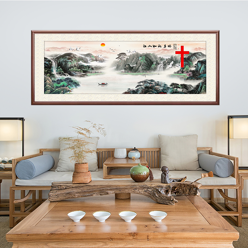 新中式客厅沙发背景十字架装饰画中国风办公室山水画卧室书房挂画