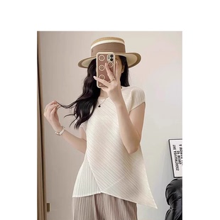 上衣小眾不規(guī)則氣質通勤T恤顯瘦百搭短袖 三宅新款 褶皺女裝 修身 女