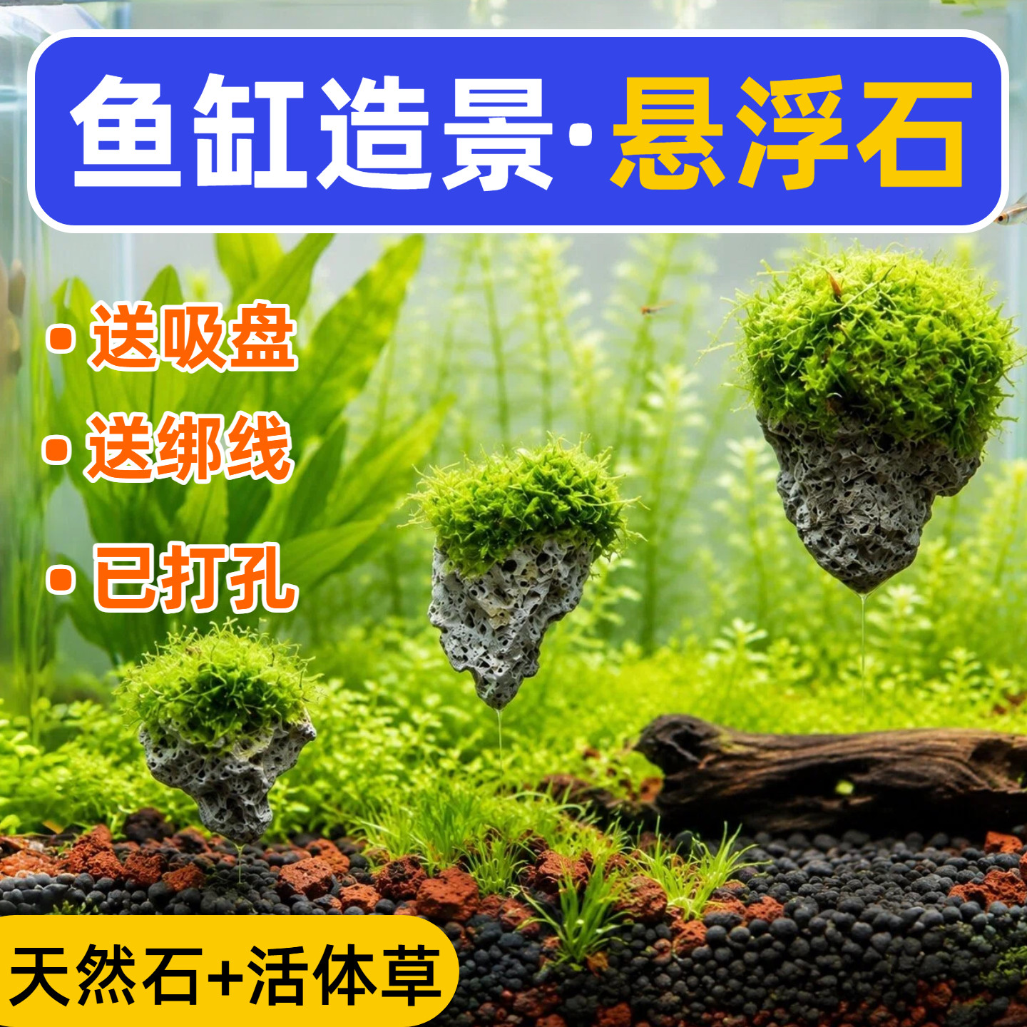 鱼缸造景石头摆件天然悬浮石粘莫斯水草缸装饰假山懒人造景一整套