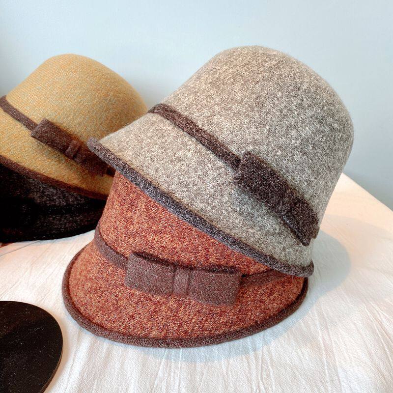 混色蝴蝶结盆帽日系复古女士秋冬