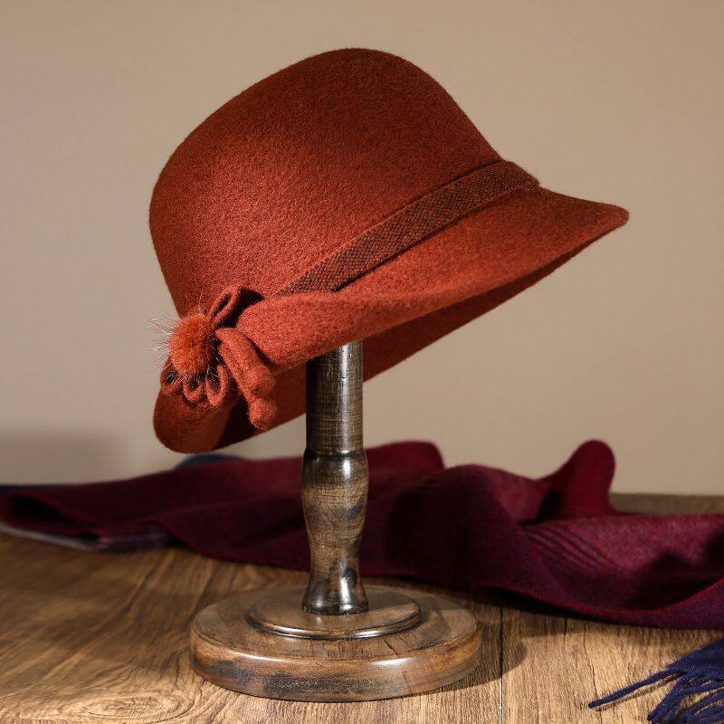 秋冬季英伦复古中老年卷边蝴蝶结羊毛呢渔夫帽女时尚百搭韩版盆帽