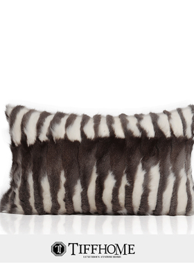 TIFFHOME现代轻奢软装样板间咖白色条纹灰鼠毛腰枕皮草靠包抱枕套