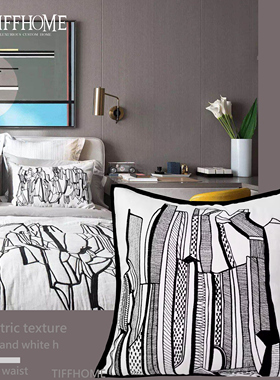 TIFFHOME样板房间靠垫家居现代轻奢几何线条刺绣黑白软装抱枕靠垫