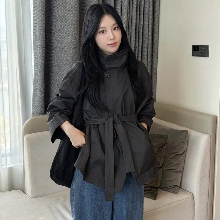 秋季英伦风立领系带短款风衣女