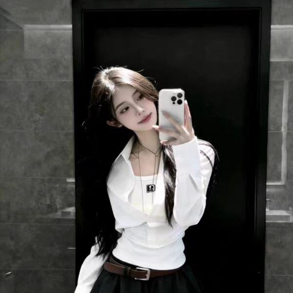 修身显瘦白色假两件上衣女2026春季气质翻领长袖衬衫半裙两件套装