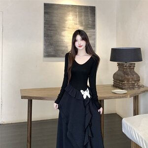 实拍大码松本丧丧蝴蝶裙小黑裙不规则裙边纯色长袖连衣裙收腰显瘦