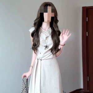法式气质荡领亚麻连衣裙子女夏2026新款不规则设计感收腰显瘦长裙