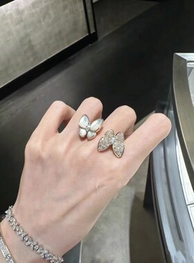 ECHOZOE梵高版白贝母双蝴蝶戒指女款轻奢高级感开口可调节指环