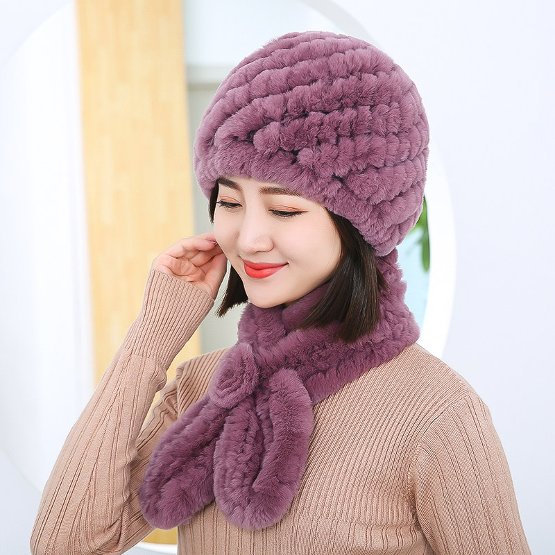 獭兔毛帽子围巾两件套女式款冬季中老年人妈妈奶奶冬天皮草围脖套