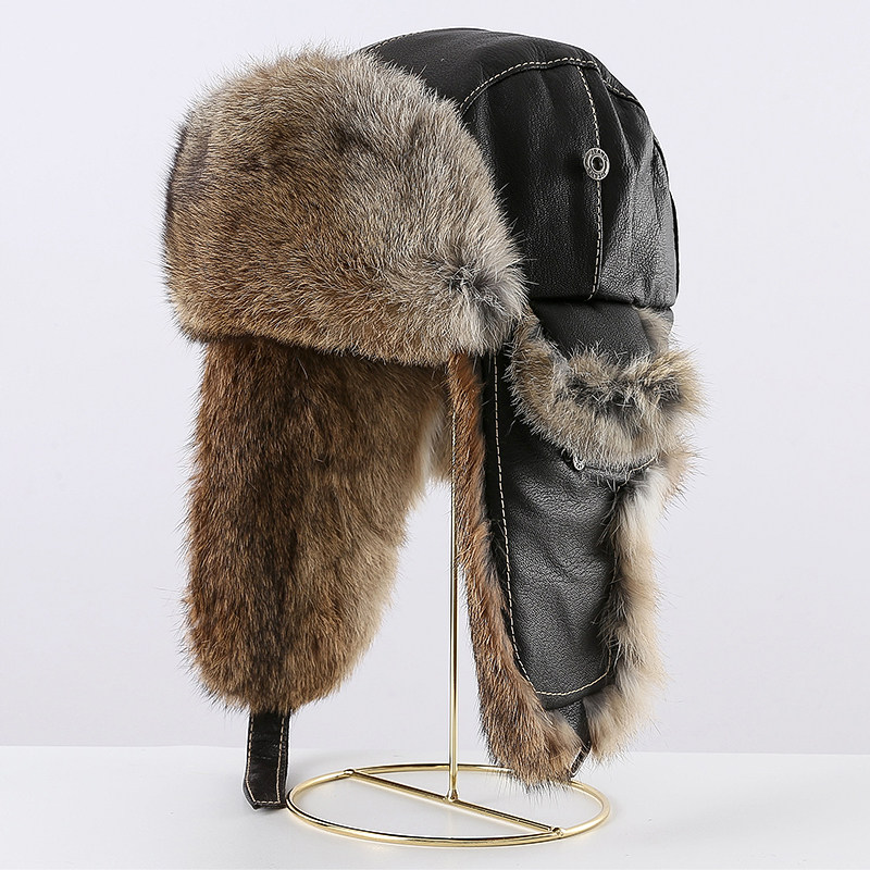 兔毛羊皮雷锋帽皮草帽男女士潮帽冬天加厚真皮护耳保暖中老年棉帽