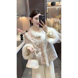 超好看粉色新中式盘扣拼接棉服女秋季国风提花高级感保暖夹棉外套