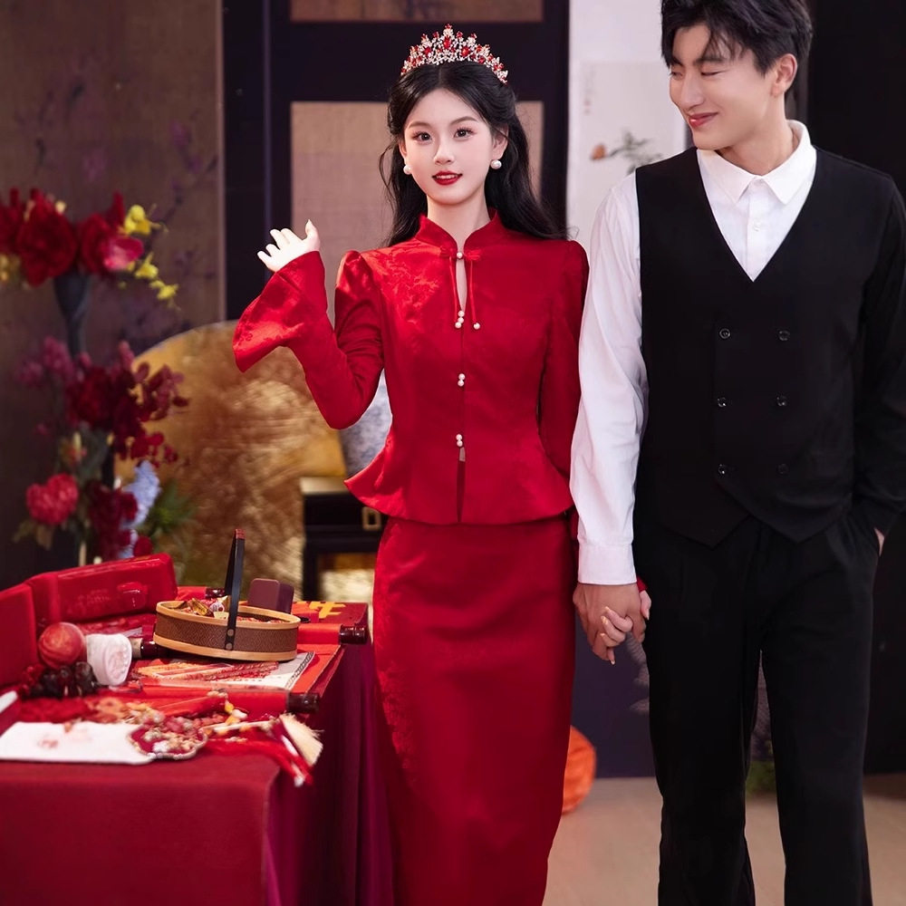 旗袍敬酒服新娘小个子红色订婚礼服连衣裙新中式结婚礼服套装长袖