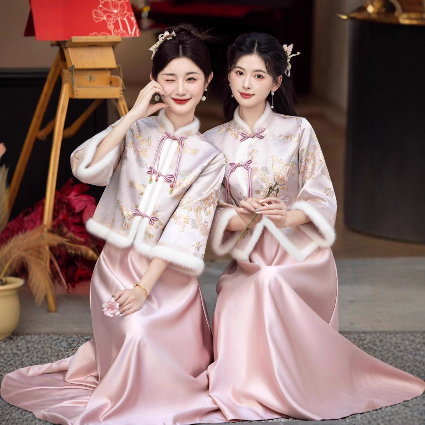 中式伴娘2026新款长袖伴娘服高级感婚礼礼服保暖姐妹冬季秋冬加厚