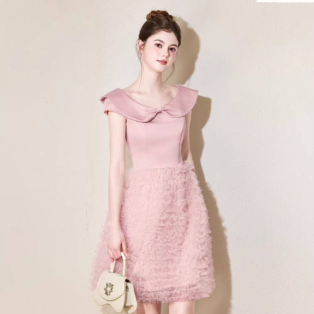 粉色订婚礼服小个子敬酒服富家千金留洋miu系连衣裙高级感伴娘服