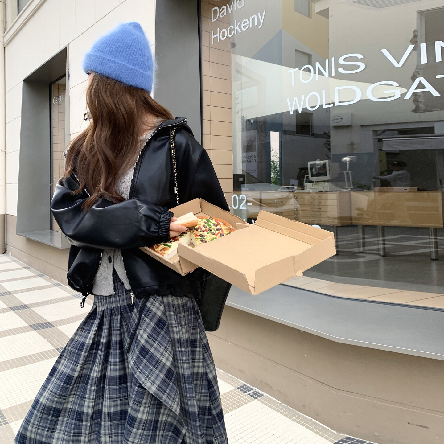 2025秋冬连帽皮衣套装女格纹短外套