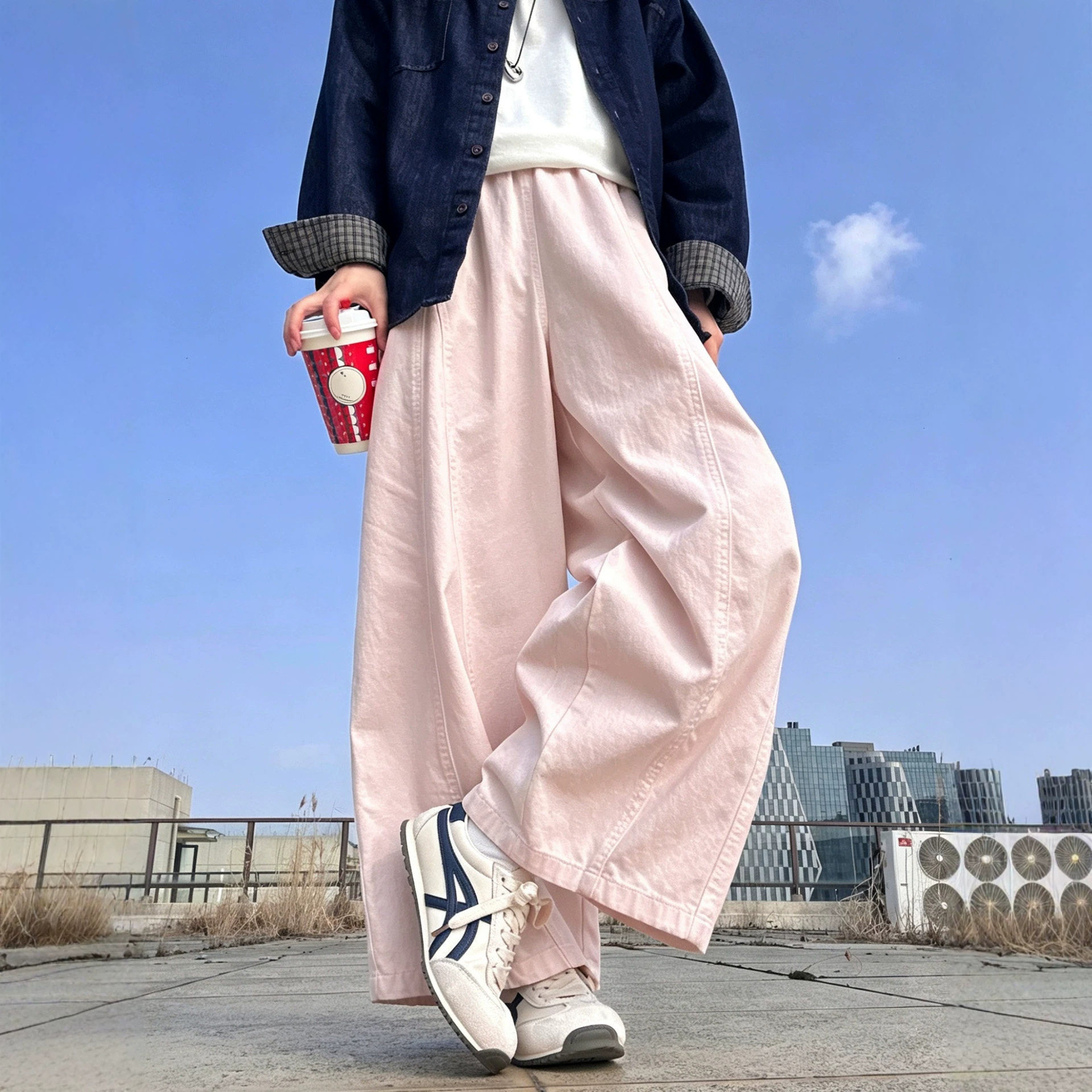 粉色弯刀阔腿裤女春秋季日系小个子宽松显瘦直筒九分休闲工装裤子