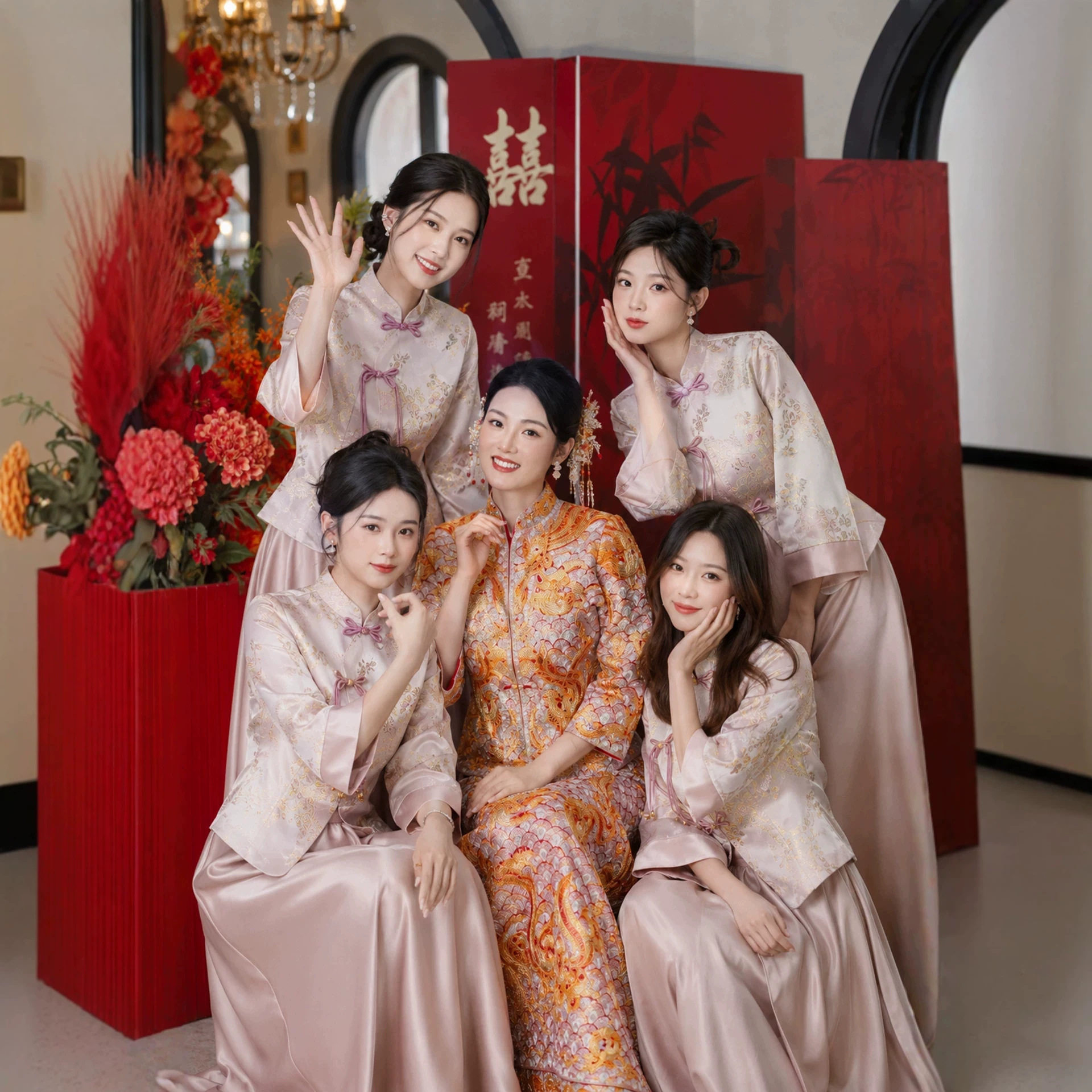 新中式伴娘服2026新款粉色秀禾搭配姐妹团礼服缎面显瘦长款伴娘裙