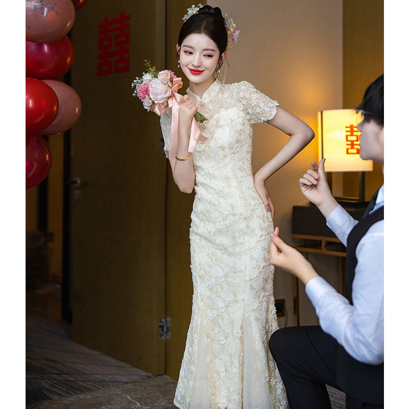 蕾丝晚礼服女2026新款新中式旗袍鱼尾订婚连衣裙平时可穿回门便装