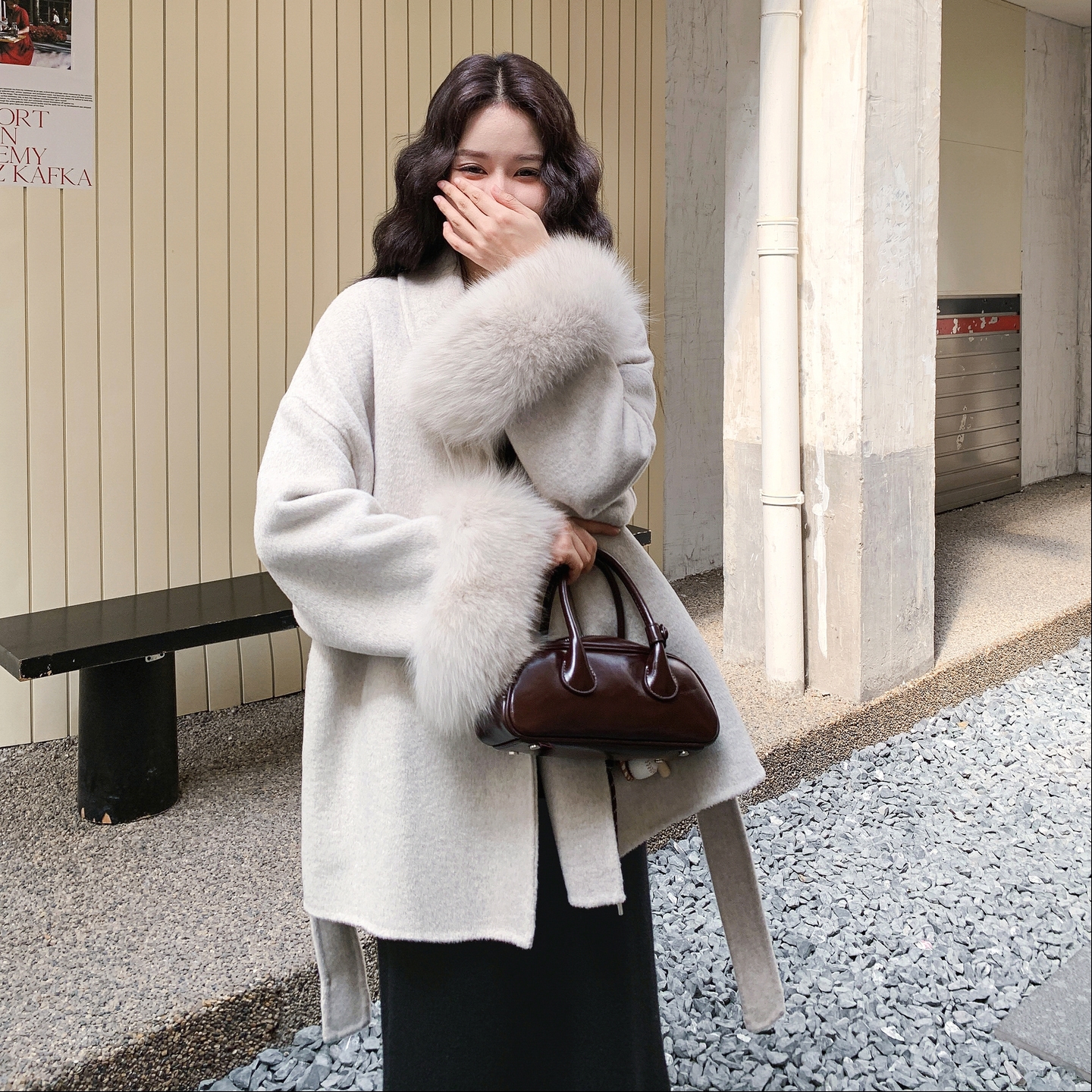 真狐狸毛双面羊绒大衣女2025秋冬新款高端毛袖系带中长款毛呢外套