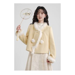 新中式国风短款毛呢黄色大衣外套女秋冬独特超好看爆款小个子大衣