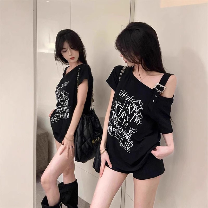 美式港风辣妹斜肩短袖t恤女夏季设计感小众露肩甜酷宽松显瘦上衣