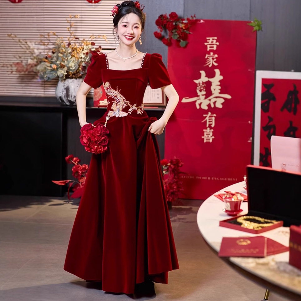 大码敬酒服胖mm订婚礼服连衣裙长款酒红色新娘回门服2026新款夏季