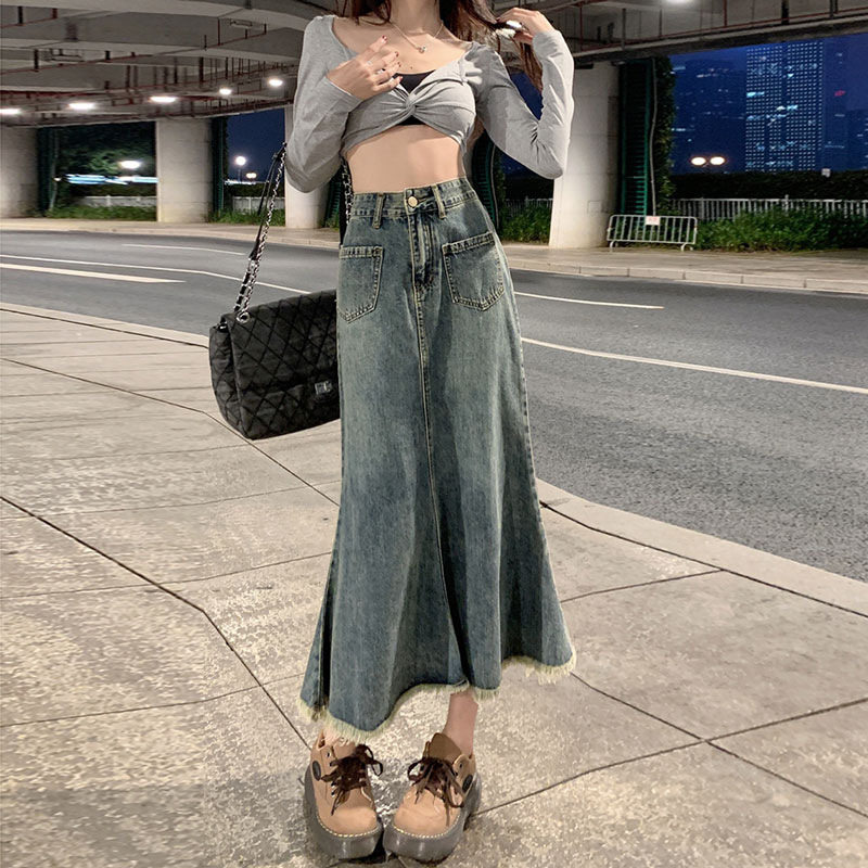 牛仔半身裙女中长裙高腰a字鱼尾包臀日韩做旧大裙摆复古蓝中长款