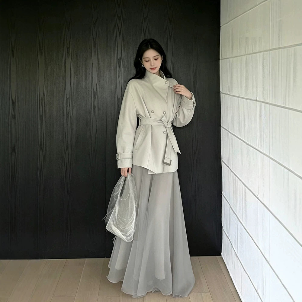 有洧Youwei【水银白瓷】初秋灰色外套女2026新款显瘦短款宽松风衣