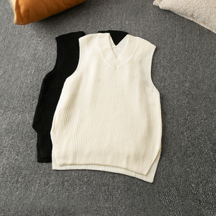 新款 V领无袖 时尚 通勤百搭 套头毛线背心马夹 简约 春秋外贸韩版
