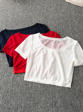 夏季外贸韩版新款 时尚气质 活泼 短款圆领短袖套头网纱蕾丝衫A03