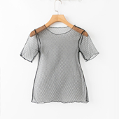 圆领短袖 夏季 简约休闲舒适 新款 套头蕾丝网纱上衣17365 外贸韩版