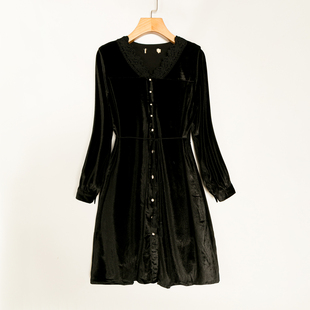 V领长袖 春秋外贸韩版 领口蕾丝拼接 休闲舒适 金丝绒连衣裙 新款