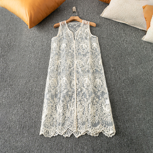 V圆领背心连衣裙罩衫 春夏外贸韩版 刺绣蕾丝花 温柔简约 新款