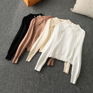 气质 时尚 减龄 短款 套头针织毛线衣 春秋外贸韩版 翻领长袖 新款