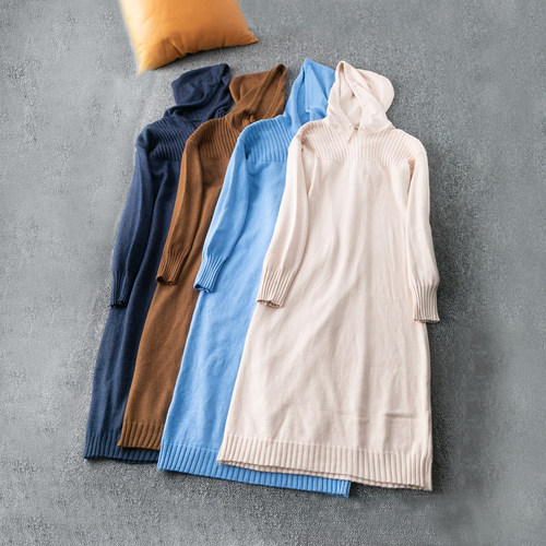 温柔百搭连帽长袖套头毛线连衣裙