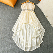 新款 温柔气质 前短后长设计 外贸韩版 系带抹胸无袖 礼服裙连衣裙