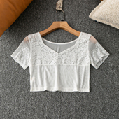简约 百搭休闲 短款 春夏外贸韩版 套头蕾丝衫 时尚 V领短袖 新款