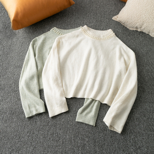 新款 圆领长袖 简约休闲 短款 套头毛线衣 领口珠子拼接 春秋外贸韩版