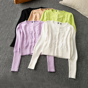 时尚 舒适保暖 简约 短款 单排扣毛线衣 春秋外贸韩版 圆领长袖 新款