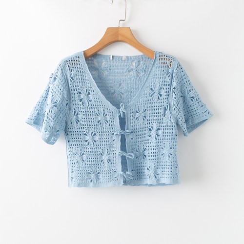 镂空花时尚短款V领短袖针织开衫