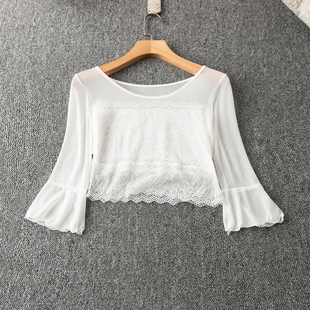 时尚 休闲 套头蕾丝衫 外贸韩版 19029 圆领中袖 新款 短款 夏季 简约