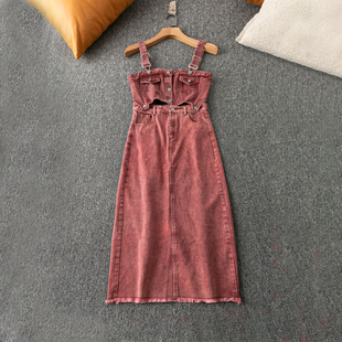 春秋外贸韩版新款套装   短款牛仔背带上衣+牛仔半身裙两件套