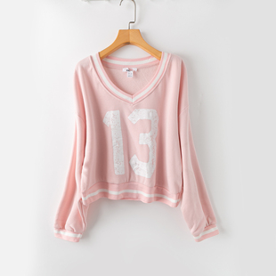 春秋外贸韩版新款  时尚简约 减龄舒适  短款V领长袖套头加绒卫衣