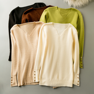 V领长袖 春秋外贸韩版 宽松显瘦 百搭休闲 套头针织毛线衣 新款